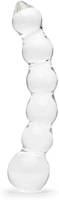 Beaded glass dildo's perfect curve gave my wife and me mind-blowing orgasms.